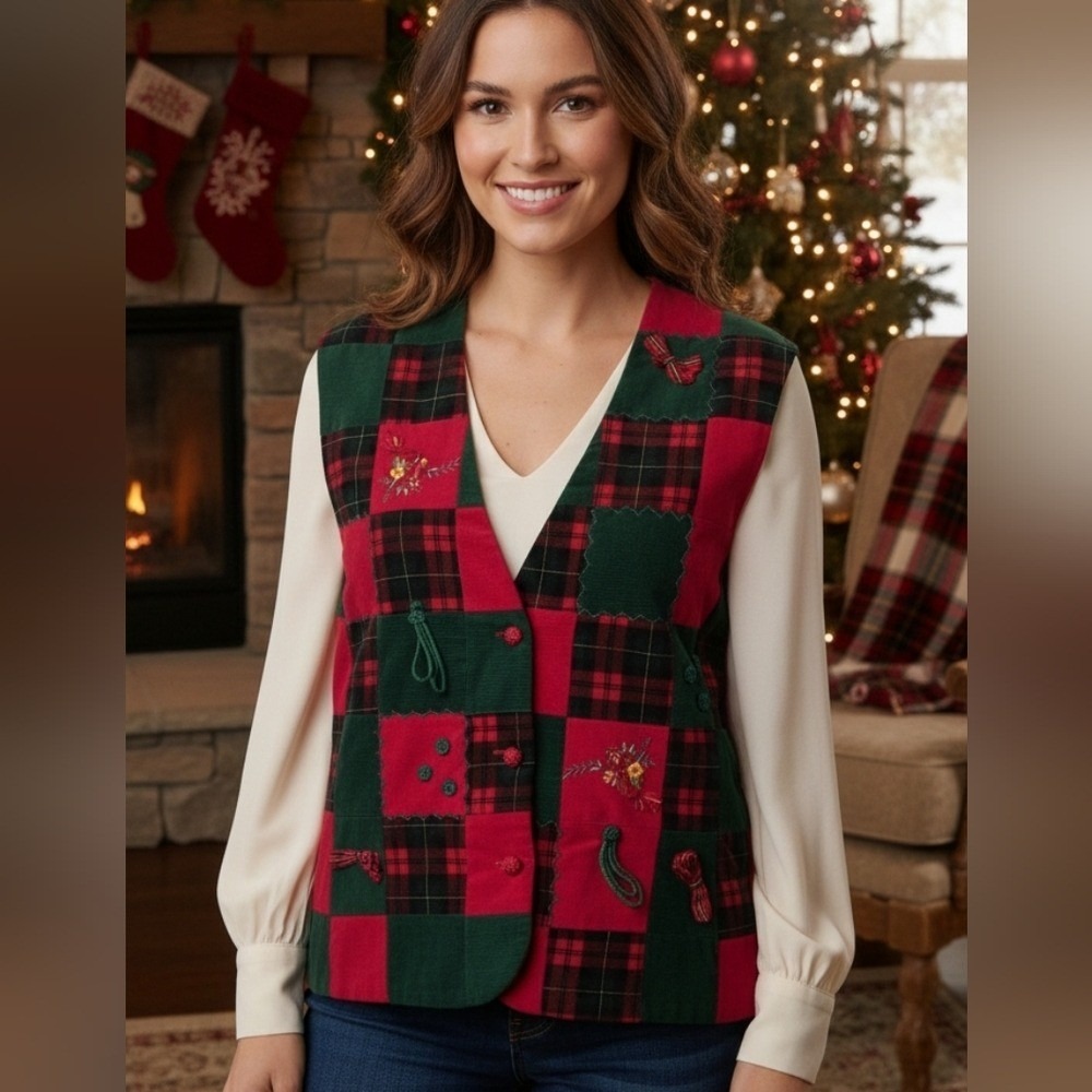 Vintage 90s Susan‎ Bristol Patchwork Corduroy Vest Holiday Christmas